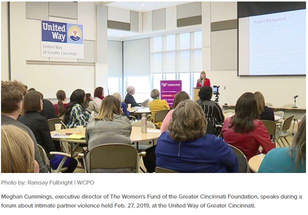 Meghan Cummings, executive director of The Women's Fund of the Greater Cincinnati Foundation, speaks during a forum about intimate partner violence
