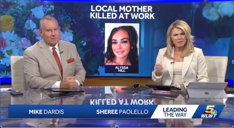 News broadcast graphic honoring Alyssa Hill, a local mother killed in Norwood, highlighting domestic violence resources available through Women Helping Women.